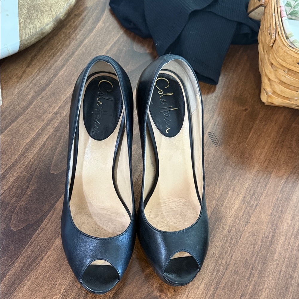 Cole Haan Black Leather Peep-Toe Heels